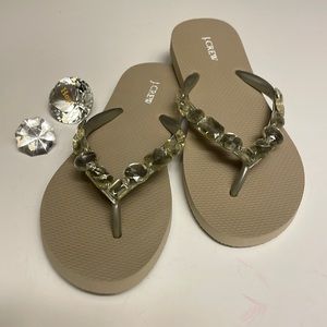 J. Crew Tan with Pewter Color Jewel Embellished Straps Flipflop Sandals. Size 6